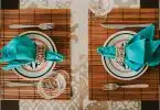 red and white ribbon on blue and white ceramic plate