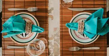 red and white ribbon on blue and white ceramic plate