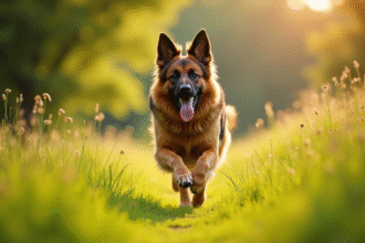 Chien berger allemand à poil long courant dans un pré ensoleillé