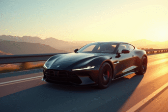 Voiture de luxe sur la route au coucher du soleil
