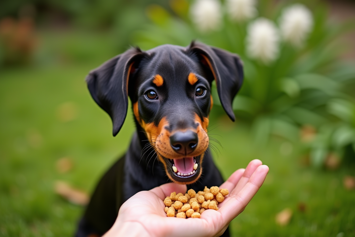 Jeune chiot Doberman mangeant des croquettes dans un jardin ensoleille