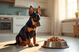 Chiot Doberman assis près d'une gamelle propre en cuisine lumineuse