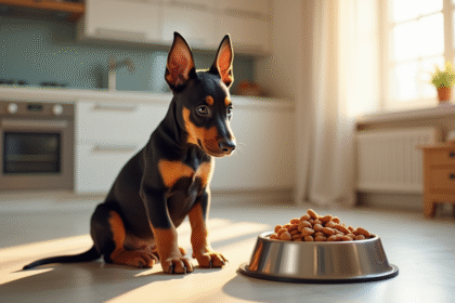 Chiot Doberman assis près d'une gamelle propre en cuisine lumineuse