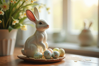 Figurine en porcelaine vintage de lapin de Pâques sur une table en bois