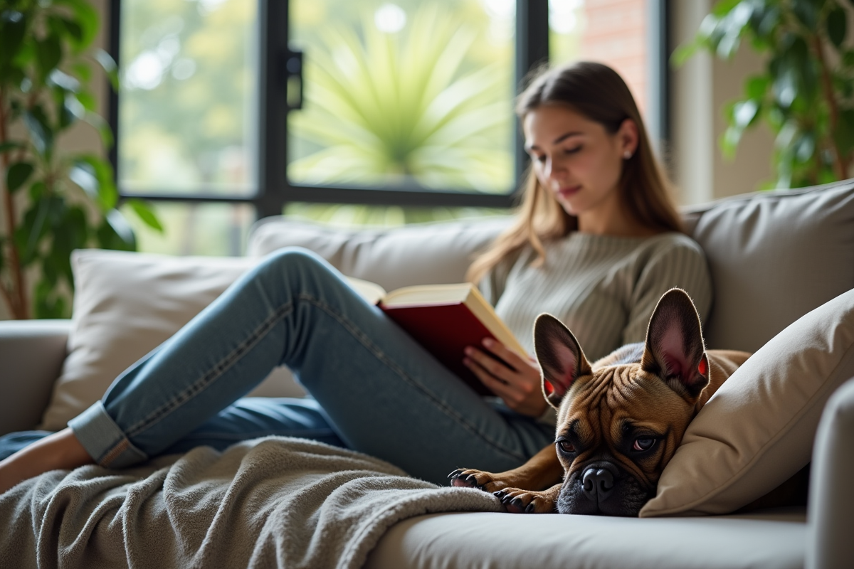 Jeune femme lisant avec un bulldog brindle dans le salon