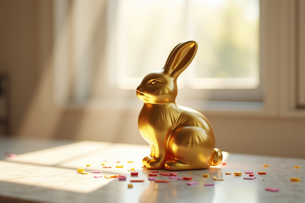 Lapin en chocolat moderne en feuille d or sur un plan de travail en marbre