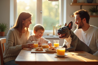 Famille prenant petit déjeuner avec un bulldog français bleu
