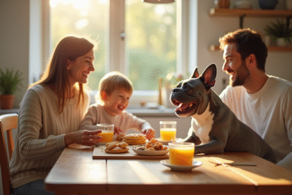 Famille prenant petit déjeuner avec un bulldog français bleu