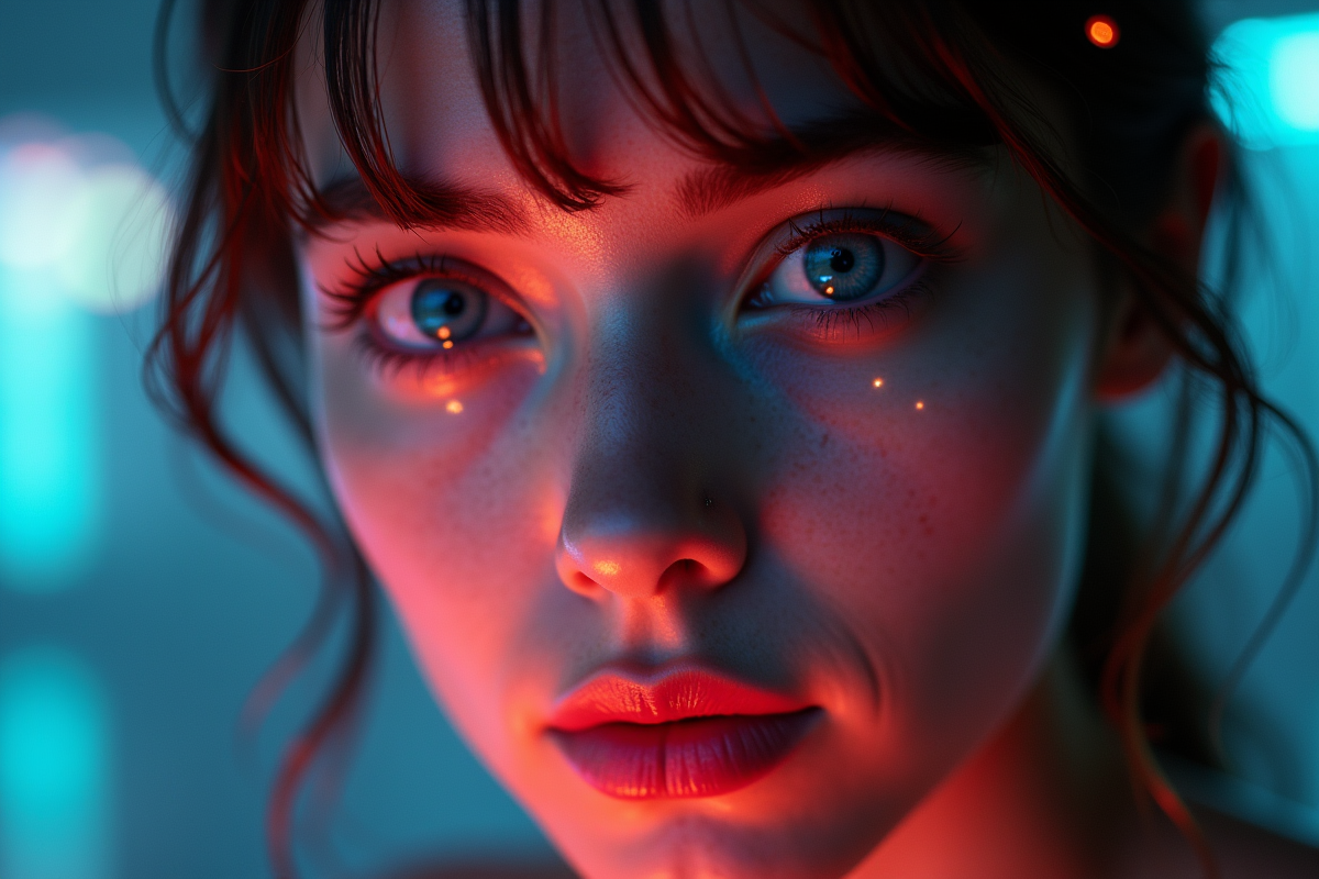 Femme concentrée avec lumières colorées autour