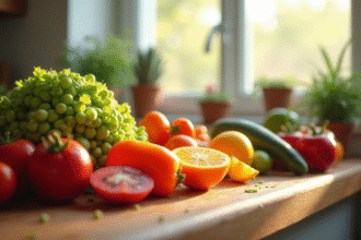 Assortiment de fruits et légumes frais sur un plan de travail