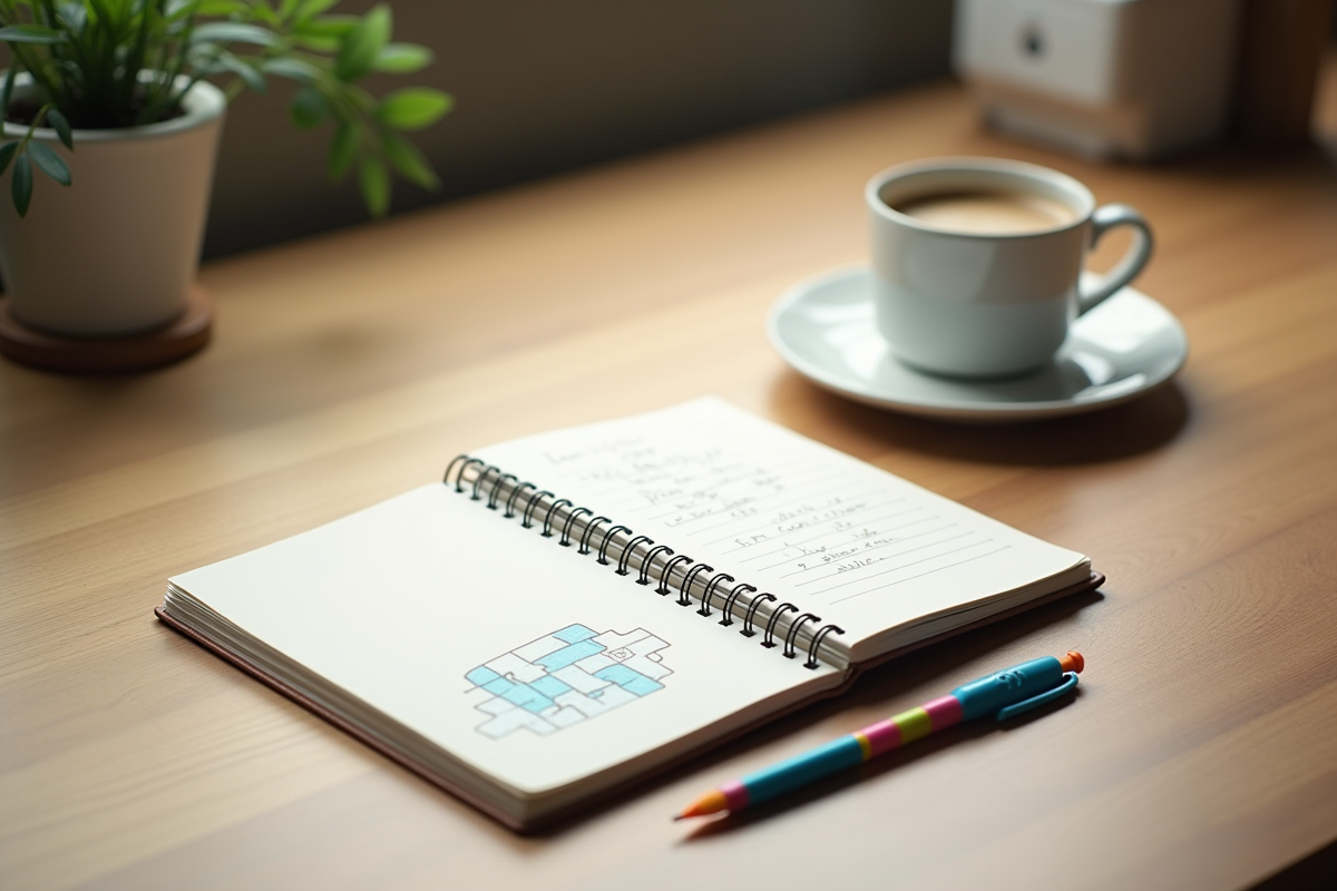 Bureau en bois avec carnet une tasse de cafe et un puzzle