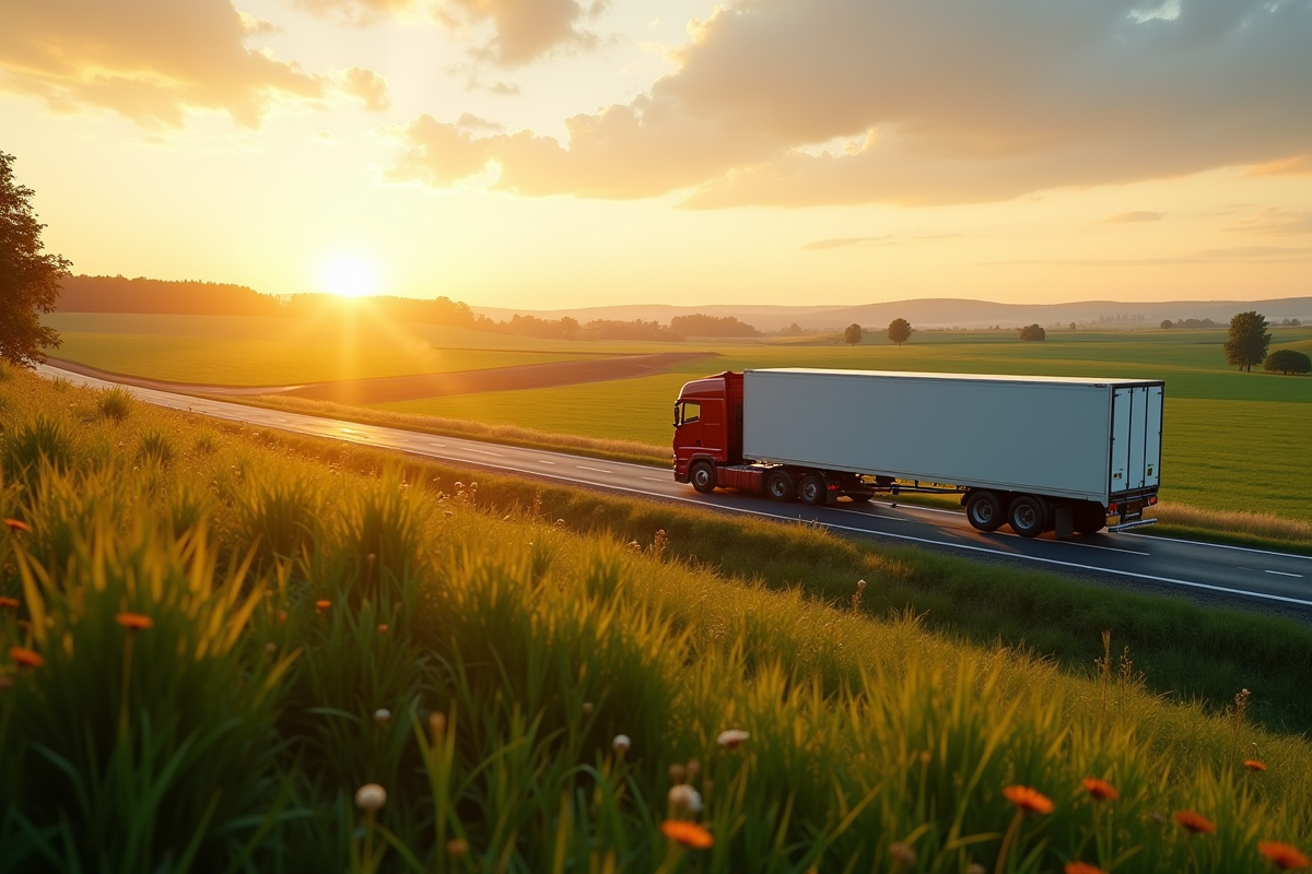 Camion semitrailer en campagne au coucher du soleil