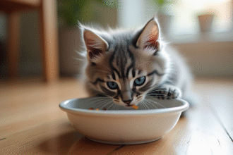 Chaton gris mangeant dans une assiette en céramique sur un sol en bois