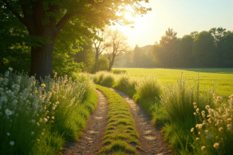 Chemin rural ensoleille avec champs et fleurs au printemps