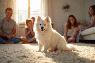 Petit chien spitz blanc avec famille dans le salon