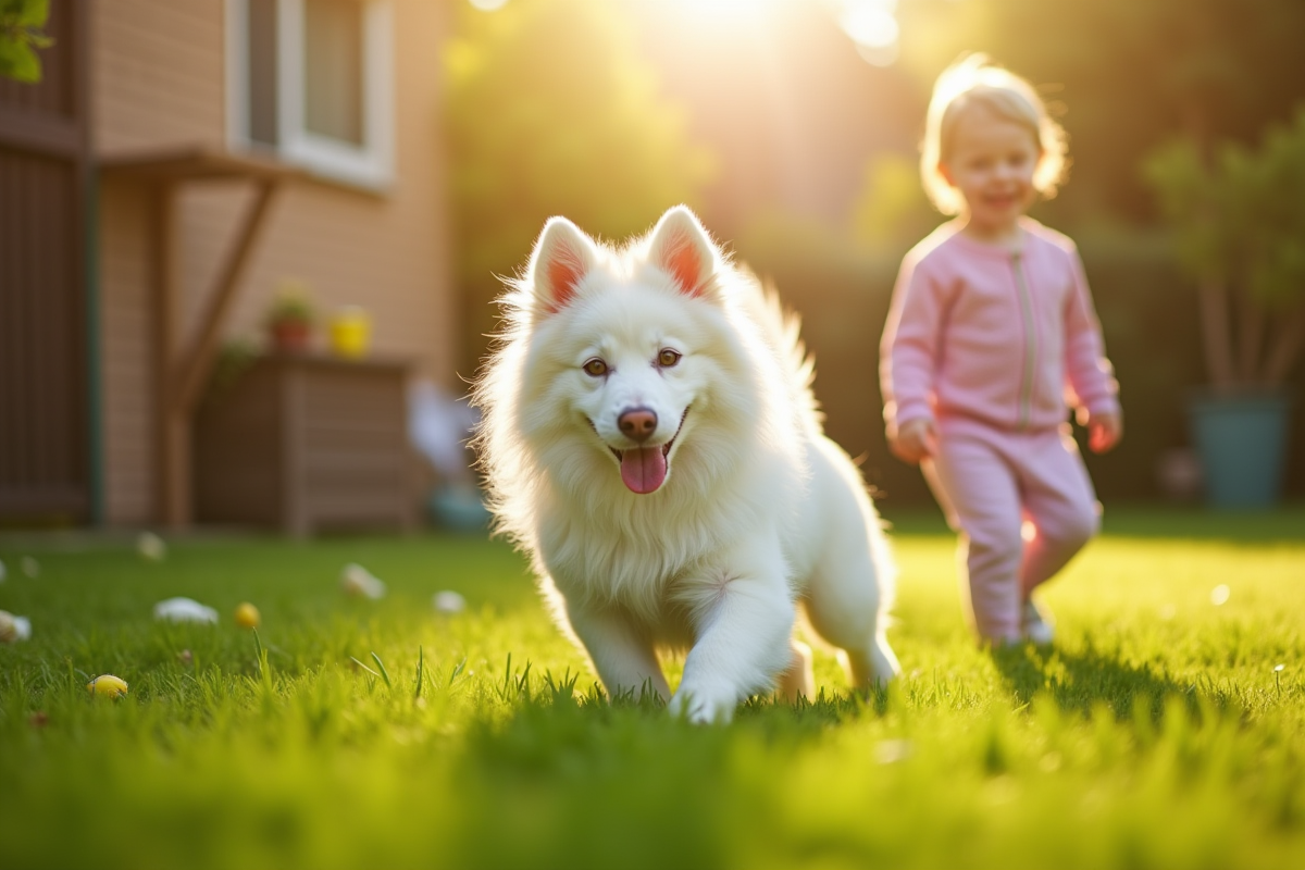 Chien spitz blanc jouant dans le jardin en famille