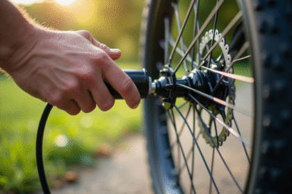 Main vérifiant la pression d'un pneu de vélo en extérieur