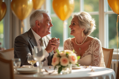 Couple d'anciens souriants lors d'une fête d'anniversaire élégante