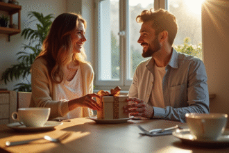 Couple heureux échangeant des cadeaux en acier lors d'un dîner