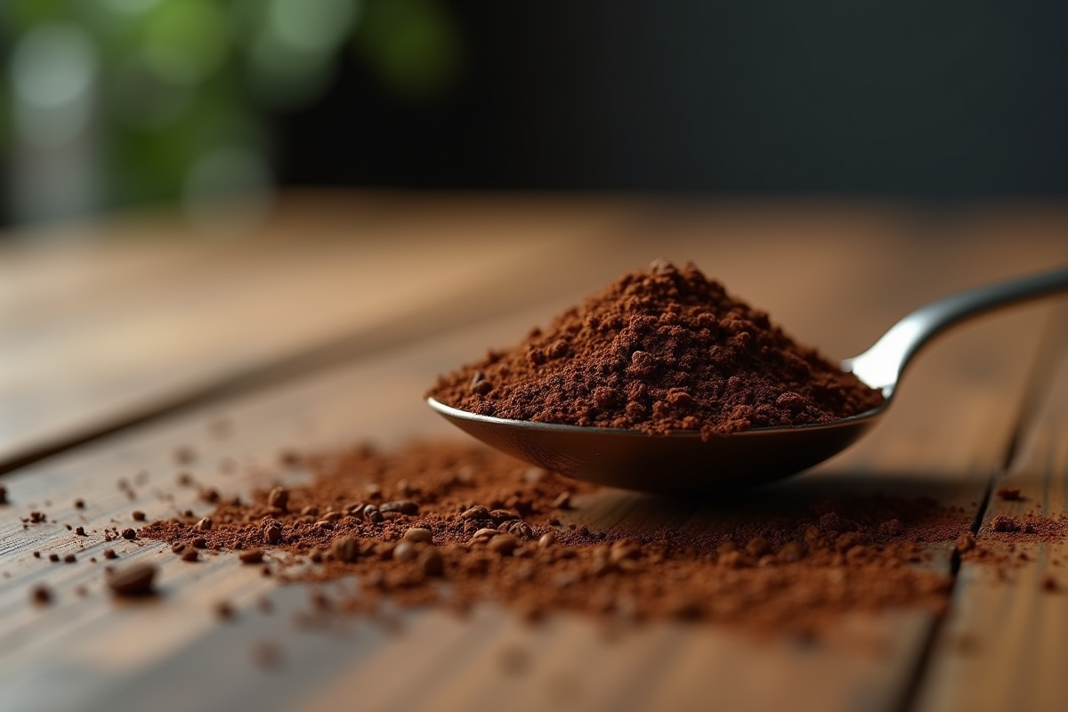 Cuillère à café avec du café moulu sur une table en bois