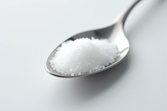 Cuillère en acier inoxydable remplie de sucre blanc fin