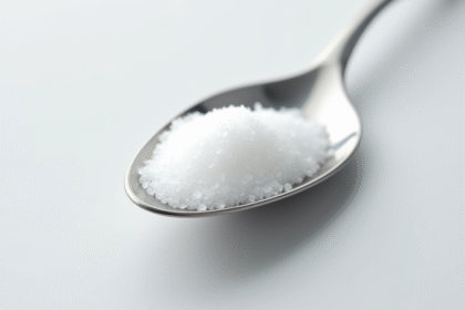 Cuillère en acier inoxydable remplie de sucre blanc fin