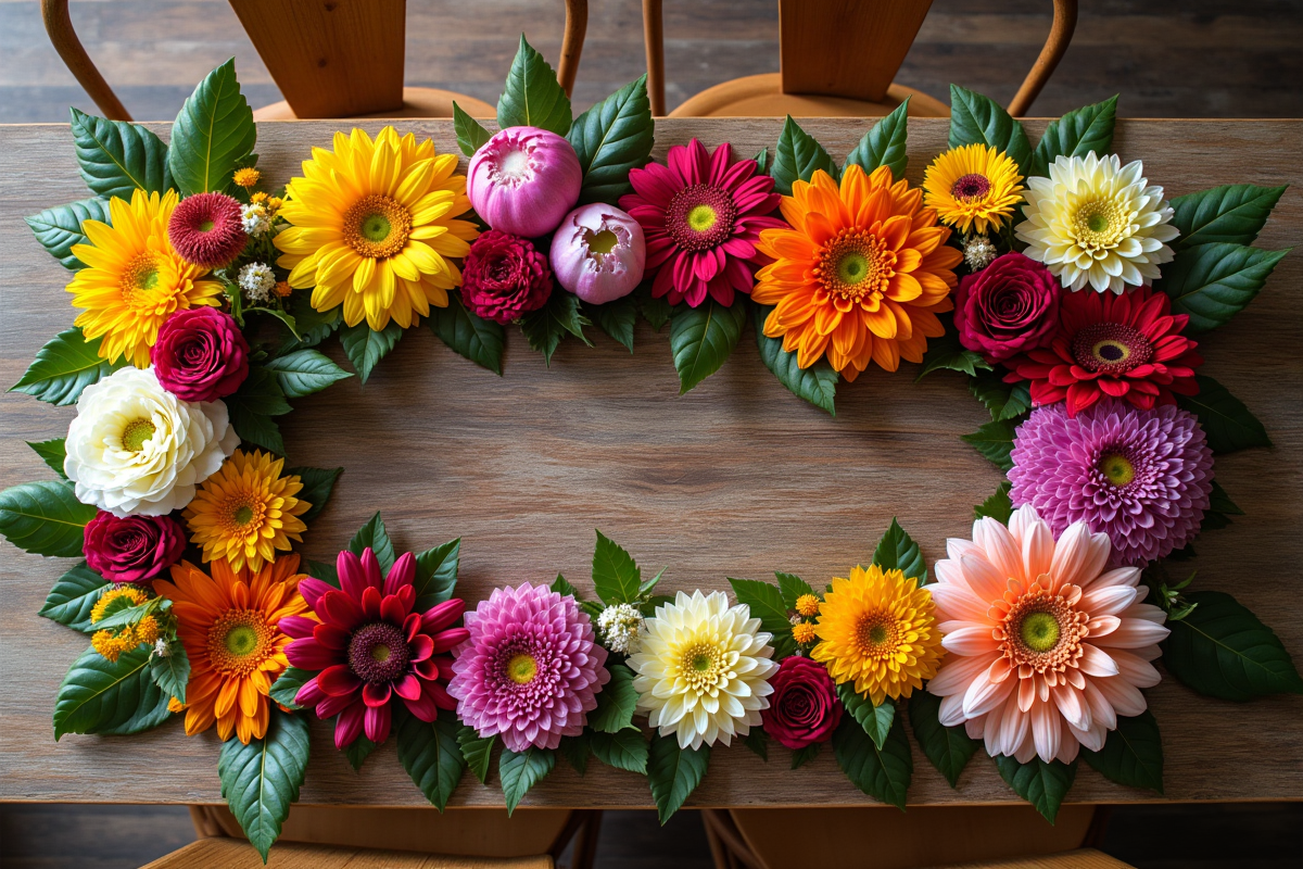 Cuisine vue du dessus avec fleurs en S sur table en bois rustic