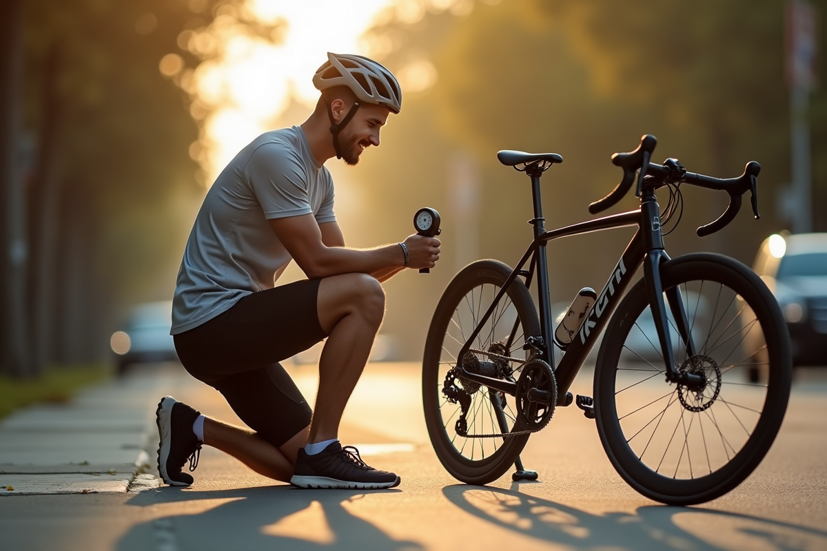 Cycliste urbain utilisant un manomètre sur son pneu au matin