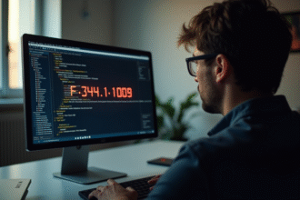 Ecran d'ordinateur avec erreur F34111009 dans un bureau lumineux
