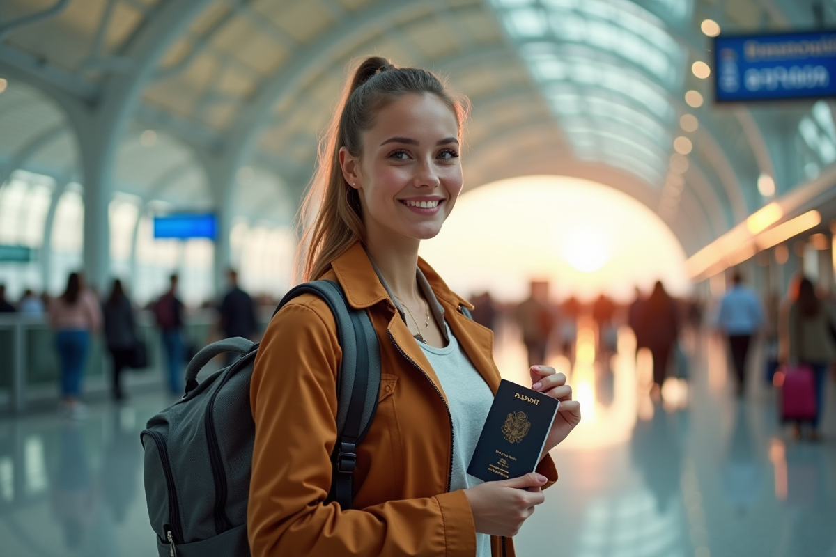 Jeune femme confiante avec sac à dos dans un aéroport animé