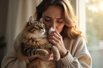 Femme avec chat dans un salon lumineux qui éternue