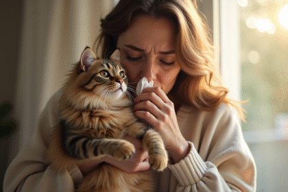 Femme avec chat dans un salon lumineux qui éternue