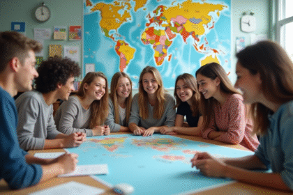 Groupe de jeunes souriants examinant une carte du monde