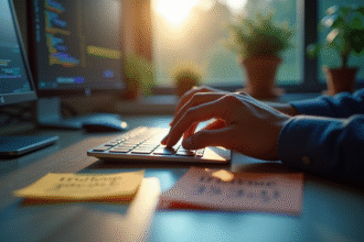 Main au-dessus d'un clavier lumineux avec notes collantes