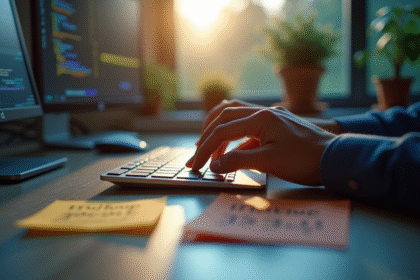 Main au-dessus d'un clavier lumineux avec notes collantes