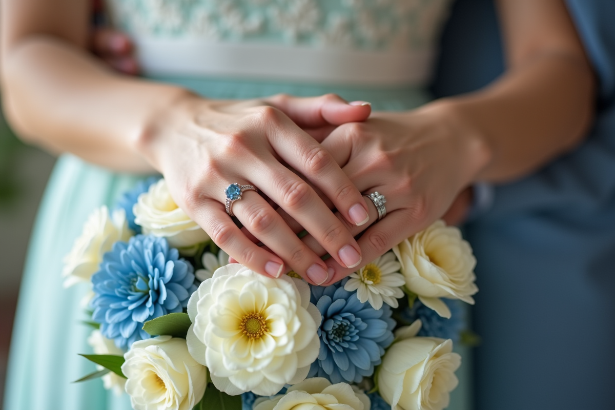 Mains entrelacees avec alliance et bouquet de fleurs blanches et bleues