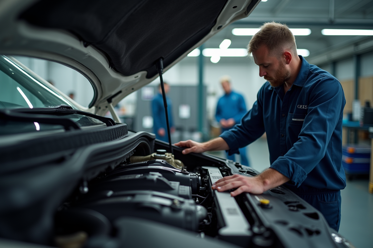 Mécanicien vérifiant le moteur d’un van en garage moderne