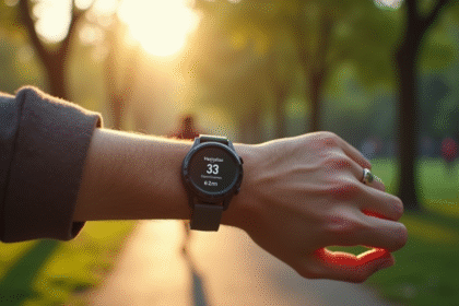 Personne portant une montre connectée fitness dans un parc urbain ensoleille