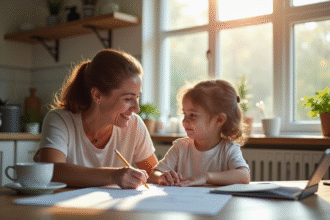 Parent et enfant discutant à la table de cuisine