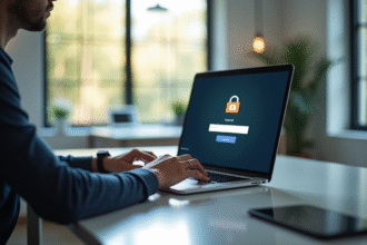 Personne travaillant sur un bureau lumineux avec un ordinateur sécurisé