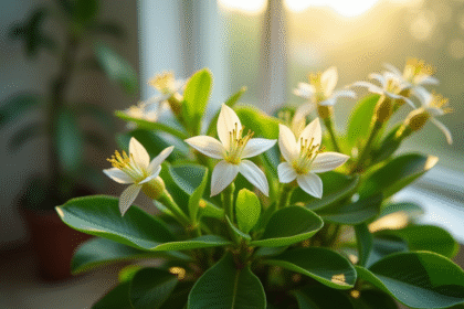 Jade en fleurs lumineuses près d'une fenêtre en intérieur