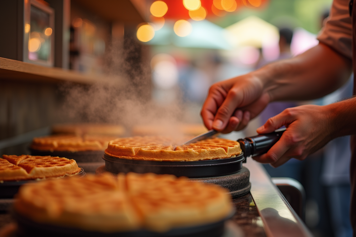 Mains d’un vendeur préparant une gaufre lors d’un carnaval