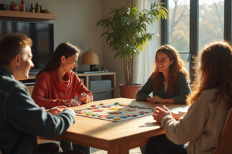 Salon moderne avec quatre amis jouant à Azul autour d'une table