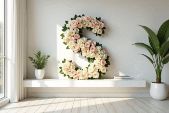 Salon moderne avec une étagère blanche décorée de fleurs en S