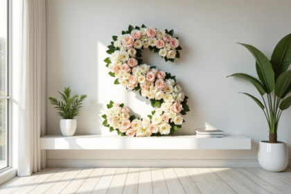 Salon moderne avec une étagère blanche décorée de fleurs en S