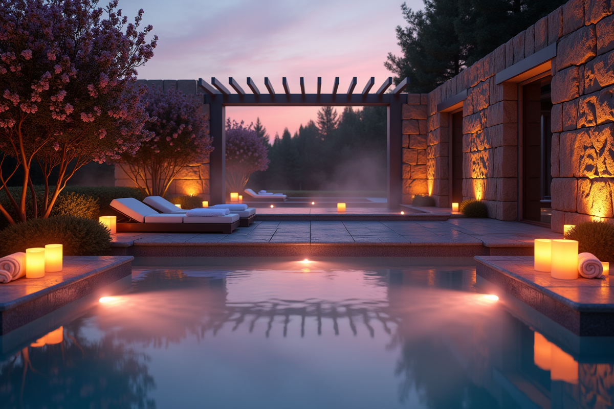 Spa extérieur au crépuscule avec bain chaud et fleurs