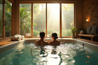 Spa intérieur luxueux avec vue sur jardin et jacuzzi