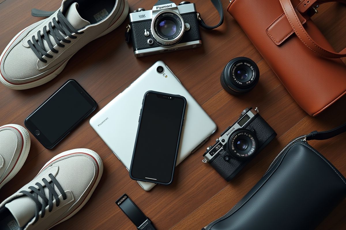 Table avec smartphones sacs et appareils vintage