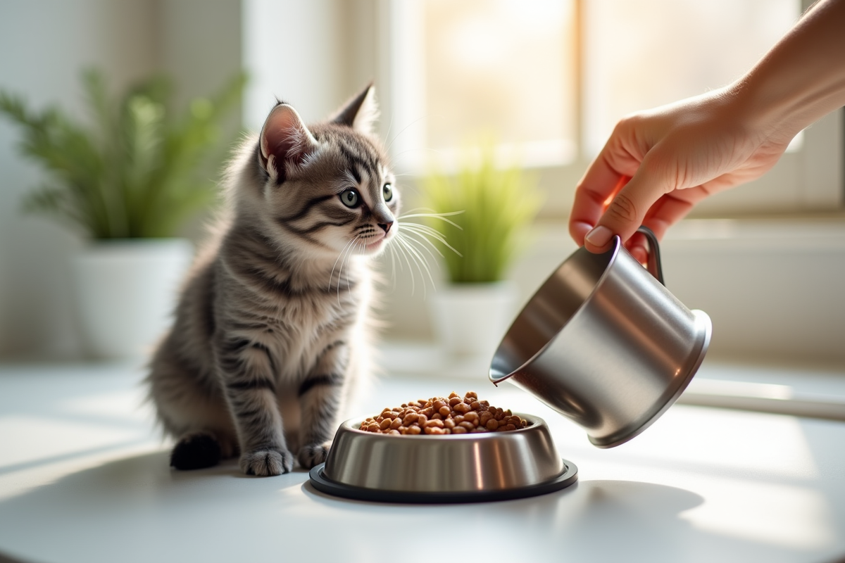 Main versant de la nourriture pour chaton gris sur un plan de travail blanc