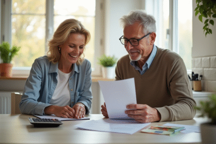 Couple mature souriant avec documents de retraite dans une cuisine lumineuse